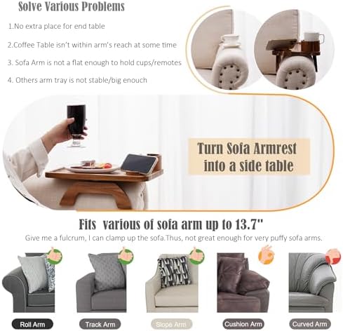 Nnewvante 2 Pack Couch Armrest Table, Acacia Wood Sofa Arm Clip On Tray - Image 6