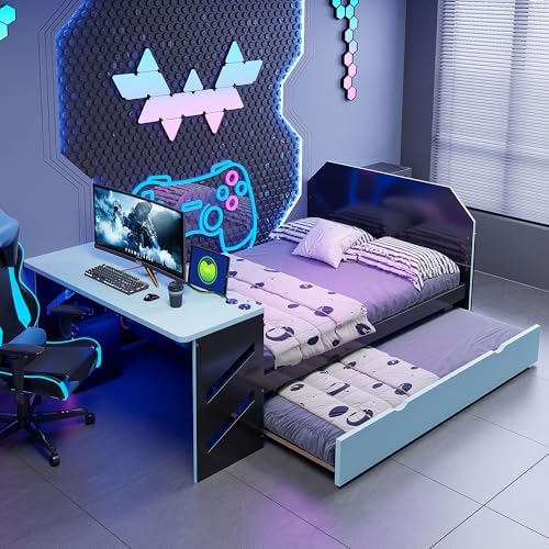 Bellemave Full Size Gaming Bed with Desk and USB,Full Bed with Trundle,Wood Platform Bed with Trundle for Girls Boys,Cloud Blue by Bellemave