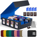 Trading Card Storage Box with Commander Display , 4-Row Deck Case with Removable Lid; 2400+ Card Deck Box for MTG TCG Sports Card, 4 Top Loaders, 4 Stoppers, 24 Dividers,1 Dice Bag (Black Blue) by Kabinka