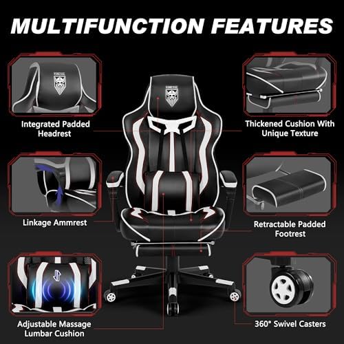 Vonesse Gaming Chair with Footrest,Reclining Computer Gaming Chair for Adults,Big and Tall Gamer Chair with Massage,Ergonomic High Back (White/Black) - Image 6