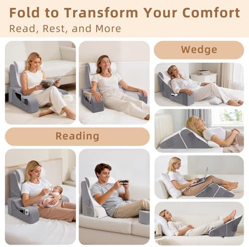 Foldable Reading Pillow for Sitting in Bed Adult, White/Grey, 19" - Image 3
