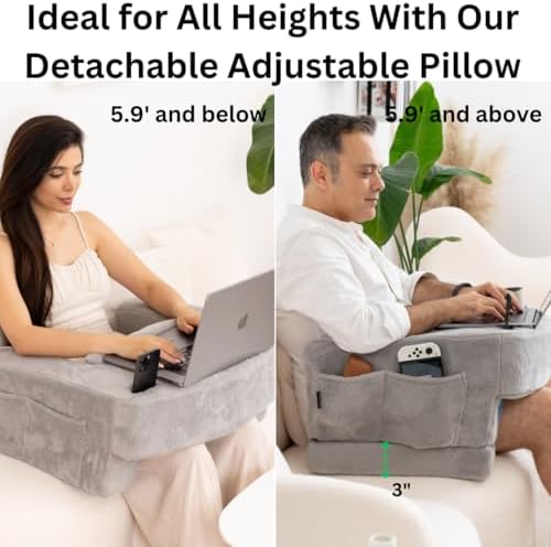 Reading Pillow for Gaming – Extra Large Lap Desk & Arm Rest with Cup & Phone Holder, Adjustable Heights, Laptop Support, Large Pockets – Comfortable for Work, Gaming & Crocheting (Furry Grey) - Image 6