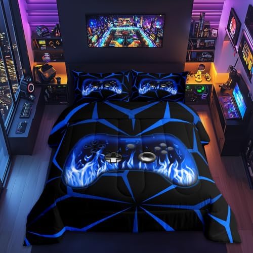 Feelyou Kids Gamer Comforter Set,Gaming Bedding Set Full Size for Boys Girls,3D Geometric Video Game Console Comforter,Blue and Black Game Contoller Bed Set for All Season by Feelyou