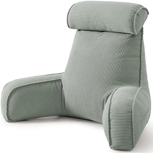 Corduroy Reading Pillow for Sitting Up, Bed Rest Pillow with Arms, Detachable Headrest, Side Pockets & Washable Cover, Back Support for Sofa Couch Relaxing, Grey Green by Ailuteie