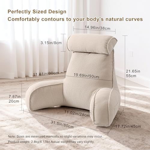 Reading Pillow for Sitting Up in Bed, Corduroy Backrest Pillow with Arms, Side Pocket & Washable Cover, Bed Rest Pillow Back Support for Adults, Beige Gray - Image 2