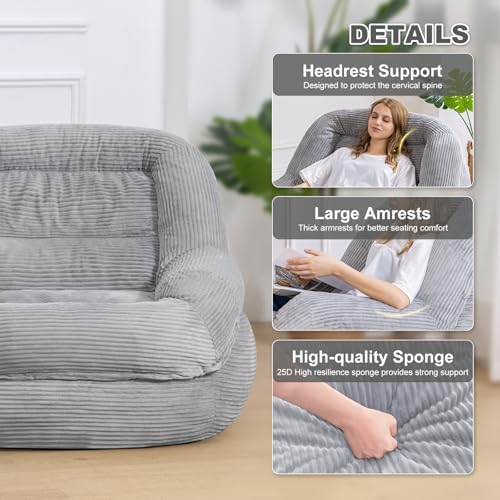 Giant Bean Bag Chair for Adults, Oversized Floor Lounge Chair with Armrests | Grey, soft corduroy and resilient foam for living rooms, bedrooms, reading nooks, gaming rooms, movie nights, and pets - Image 4
