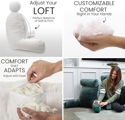 Husband Pillow Medium Reading Pillow with Arms - 23" Backrest for Sitting Up in Bed - Firm Support Bed Rest Pillow for Adults, Neck Roll, Removable Cover - TV, Reading, Lounging - Dark Green - Image 2