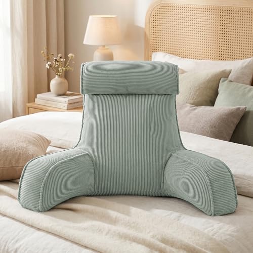 Corduroy Reading Pillow for Sitting Up, Bed Rest Pillow with Arms, Detachable Headrest, Side Pockets & Washable Cover, Back Support for Sofa Couch Relaxing, Grey Green - Image 2