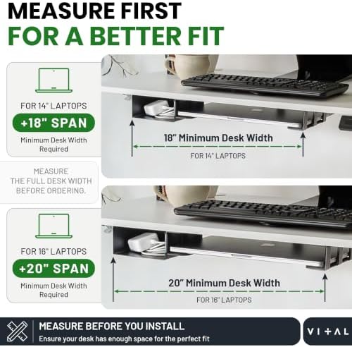 VI+AL Under Desk Laptop Mount - Hidden Metal Shelf with Side Storage, Hook & Cable Organizer - Installs with Tape & Screws - Fits Devices up to 1.7" Thick - Deluxe - Image 6