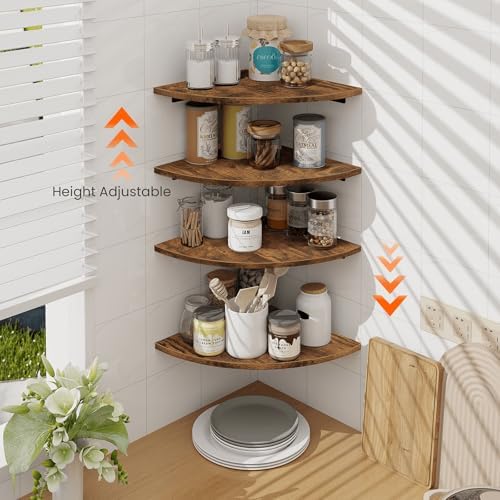 Homode Corner Wall Shelf, 12 Inch Wide Wooden Corner Floating Shelves with Cord Hole, Set of 4 Round Corner Hanging Storage Shelving for Bathroom Living Room Small Spaces, Rustic Brown - Image 7
