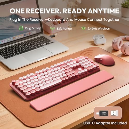 Wireless Keyboard and Mouse Combo, Typewriter Keyboard with Magnetic Wrist Rest, Full-Size Cute Round Keycaps, Sleep Mode, 2.4G Keyboards for Mac/Windows/PC, Office or Home, Trueque CK23Pro - Image 2