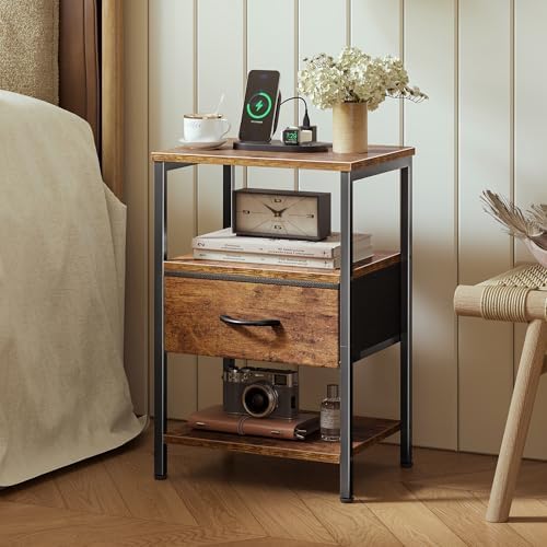 SUPERJARE Nightstand with Charging Station, Bed Side Table with Adjustable Fabric Drawer, Night Stand for Bedroom, 3-Tier Storage End Table, for Living Room, Rustic Brown - Image 2