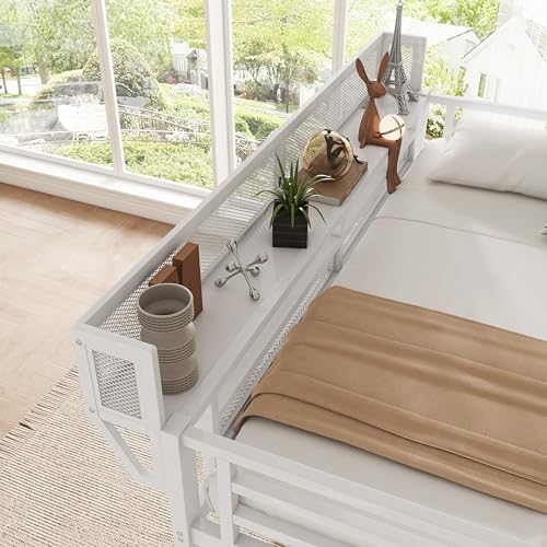 KEIKI Twin Size Metal Loft Bed Frame with Convertible Staircase, Built-in Storage Shelves & Wardrobe, Loft Bed with Solid Slats & Guardrail, No Box Spring Required, Easy Assembly, for Bedroom, White - Image 5