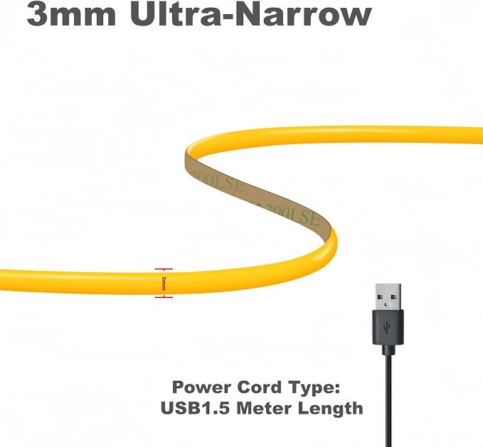 Ultra-Narrow 3mm USB COB LED Strip Lights Self-Adhesive, for Kitchen Cabinets, Bedroom, Gaming Desk (6000k Cool White, 3ft) - Image 4