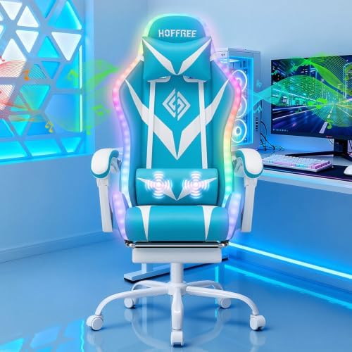 LED Gaming Chair with Speakers RGB Lights Massage Computer Chairs-Sky Blue | Bluetooth Game Chairs for Adults;Ergonomic High Back Video Game Chair; Reclining Gamer Chair with Footrest Lumbar Support by HOFFREEOfficial