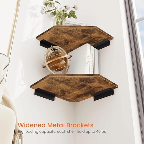Homode Corner Shelf Wall Mount, Set of 4 Floating Corner Shelves with Cord Hole for Cable Box, Wood Corner Hanging Shelves for Bathroom Bedroom Kitchen, Rustic Brown - Image 6