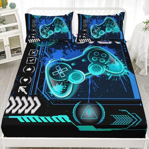 AILONEN Gamer Fitted Sheet Set Full Size, Blue Game Controller Boys Bedding Set Decor,Gamer Bed Sheet Set 3 Pieces Boys Sheet Set,Video Game Fitted Sheet and 2 Pillowcases by AILONEN