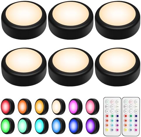 BLS LED Puck Lights with Remote Control, Wireless Under Cabinet & Closet Lighting, RGB 13 Color Changing Lights with Dimmer, Timer & AA Battery Operated, Push, Touch, Stick on for Night, Black, 6 Pack by BLS