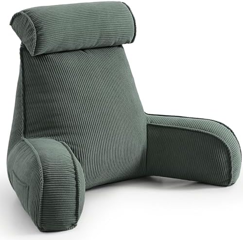 Sit Up Reading Pillow, Backrest Pillow with Arms, Corduroy Back Support Cushion with Side Pockets & Washable Cover, Bed Rest Support for Sofa Couch Floor Relax, Peacock Blue by Ailuteie
