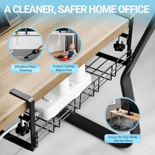 Under Desk Cable Management Tray, 15.7'' Metal Wire Organizer with Clamp, No Drill Desk Cord Rack for Cable Management, Computer Wire Organizer for Office and Home – Sturdy & Scratch-Free - Image 6