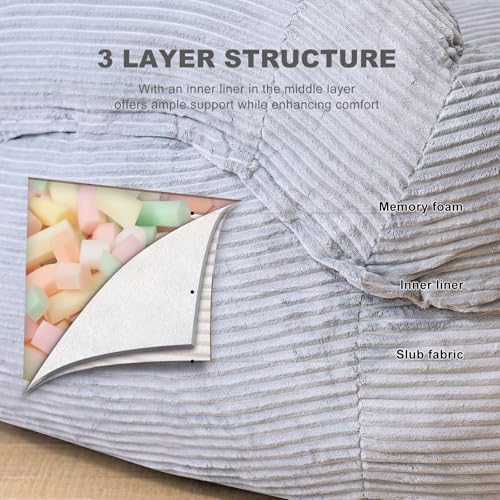 Giant Bean Bag Chair for Adults, Oversized Floor Lounge Chair with Armrests | Grey, soft corduroy and resilient foam for living rooms, bedrooms, reading nooks, gaming rooms, movie nights, and pets - Image 6