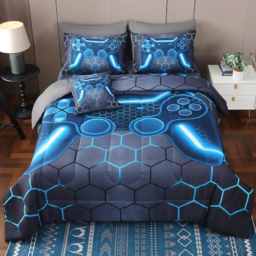 JQinHome Twin Gamer Comforter Set 6 Piece Bed in A Bag for Boys,3D Video Game Bedding -All Season Soft Microfiber Down Alternative Comforter Gamer Bedding Sets for Kids (Blue) - Image 3