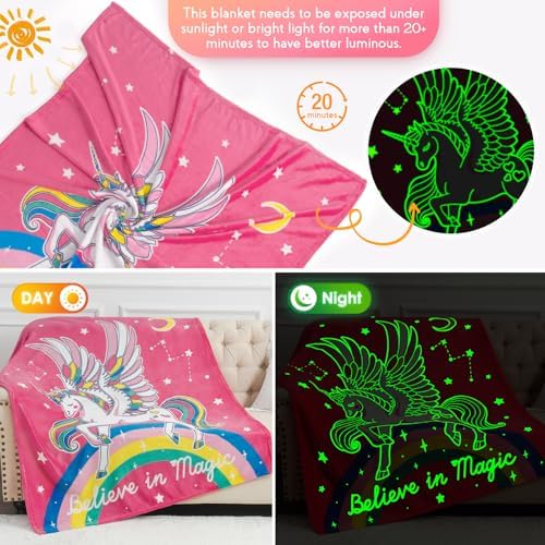 Jekeno Unicorn Toys Gifts for Girls Glow in the Dark Blanket 50"x 60" - Image 3