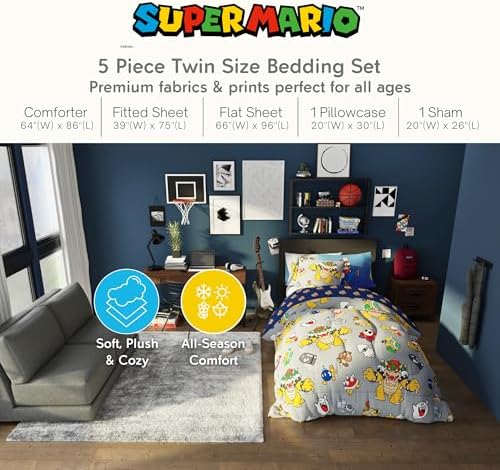Nintendo Super Mario Bowser Bedding Set, Twin Size 5 Piece Set Kids Super Soft Cozy Reversible Comforter and Sheet Set with Sham, (100% Officially Licensed Product) by Franco - Image 2