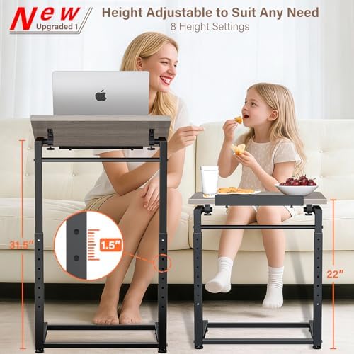 Tv Tray Table Set of 2, 8-Level Adjustable Height Couch Side Table，90° Tilt Angle Adjustments C-Shaped End Table, with Phone & Tablet Slot Computer Desk for Sofa, Bed, Chair, Living Room（Lvory Gray） - Image 2