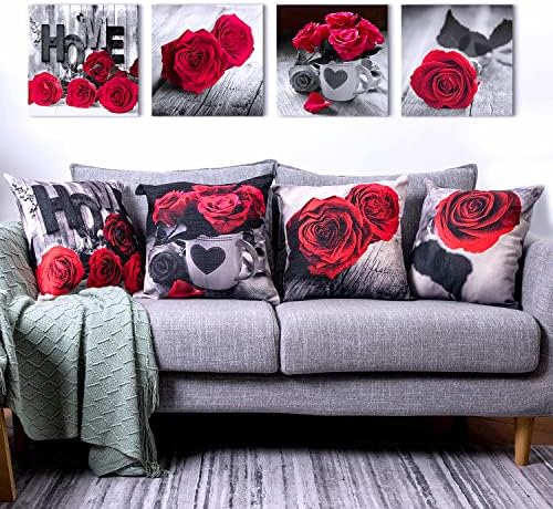 Farmhouse Floral Pillow Covers 18x18 Set of 4, Black Red Rose Throw Pillow Cover for Couch Home Decor, Vintage Cotton Linen Square Flower Cushion Case Sofa Bedroom Outdoor Patio Furniture Decoration - Image 3