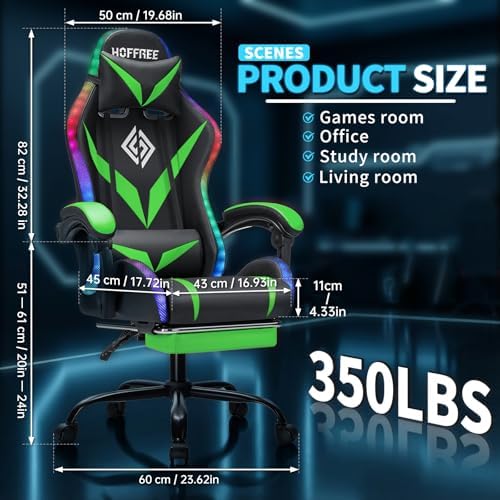 Gaming Chair with Bluetooth Speakers RGB LED Lights Computer Chair-Green | Ergonomic Massage Game Chair with Footrest & Lumbar Support High Back Video Game Chair for Adults Racing Style - Image 2