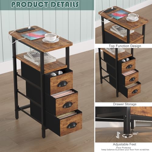 sthmec End Table with Charging Station,LED Side Tables with USB Ports and Outlets,Skinny Bedside Table with 3 Drawers,Small Nightstands for Small Space,Slim Sofa Table for Livingroom,Rustic Brown - Image 5