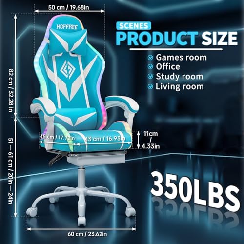 Gaming Chair with Bluetooth Speakers RGB LED Lights Computer Chair-Sky Blue | Ergonomic Massage Game Chair with Footrest & Lumbar Support High Back Video Game Chair for Adults Racing Style - Image 2