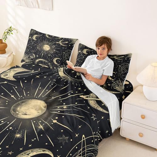 Erosebridal Bohemian Sun Moon Sheet Set Twin Galaxy Top Sheet Constellation Fitted Sheet Starry Sky Bed Sheet Exotic Style Golden Black Room Decorative Flat Sheet Cartoon Deep Pocket Fitted Sheets - Image 4