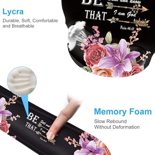 Keyboard Wrist Rest and Mouse Pad Wrist Support Set with Coffee Coaster, Non-Slip PU Base for Gaming and Office, Comfortable & Lightweight for Easy Typing & Pain Relief,Flower Bible Verse Psalm 46-10 - Image 5