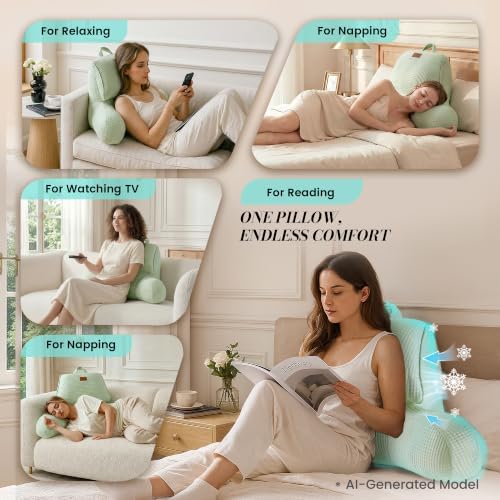Adjustable Firmness Waffle Support Cooling Reading Pillow, Sage Green, 17" - Image 3