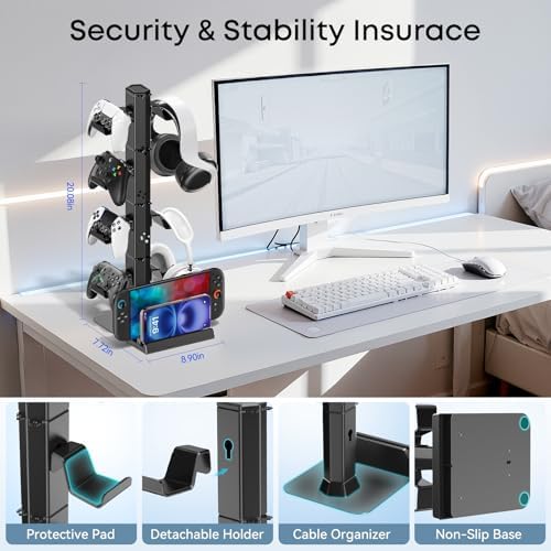 Headphone and Game Controller Desk Stand for PS5/ Xbox/ PS4 Controller, 4 Tiers Headset Hanger with Organizer for Switch 2/1/PS Portal Game Console, Multiple Controller Storage Dispay Rack- 8 Hooks - Image 3