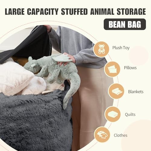 Bean Bag Chair Cover(No Filler) Soft Faux Fur Stuffed Animal Bean Bag Storage, Fluffy Plush Bean Bag Chair Cover Washable, Comfy Bean Bag Chairs for Adults, 6FT, Dark Grey - Image 3