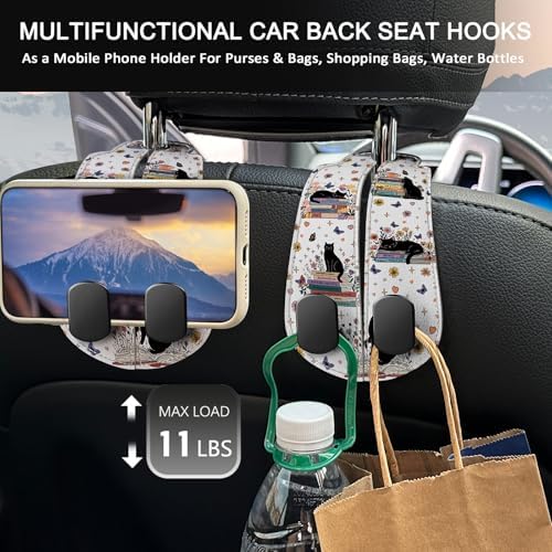 Blusabaca 2PCS Car Seat Headrest Hooks, Purses Bags Holder, Book Lover Cat - Image 3