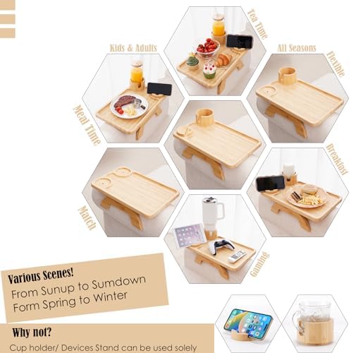 Nnewvante Couch Cup Holder Tray, 3 in 1 Bamboo Sofa Arm Clip-on Tray - Image 5
