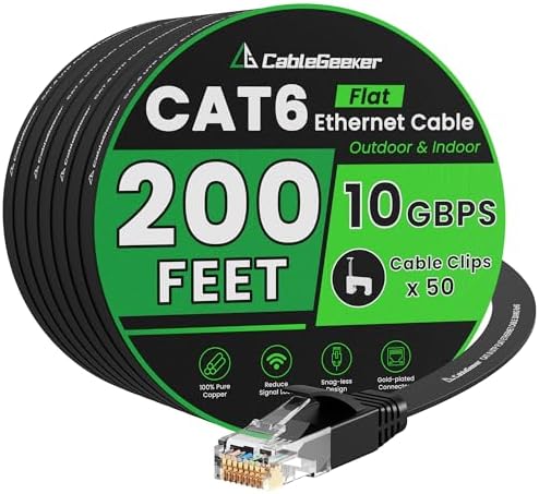 CableGeeker Cat 6 Flat Ethernet Cable 200ft, 10Gbps, Black by CableGeeker