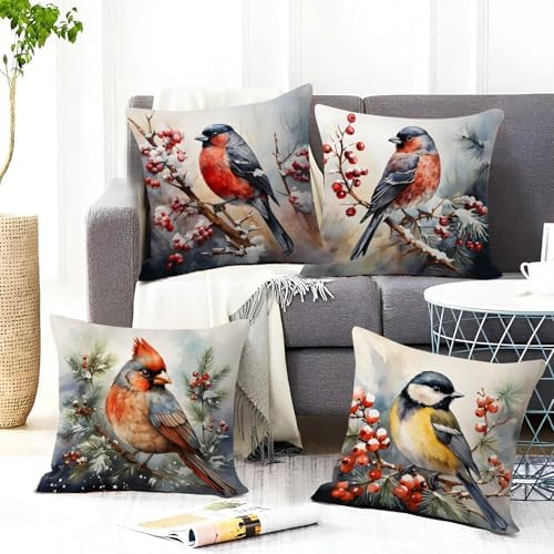 Birds Pillow Covers Watercolor Flying Animals Throw Pillow Cover for Couch Woodland Nursery Red Cardinal Pillowcase Decorative Farmhouse Snowy Nature Scenery Bed Sofa Home Decorations 18x18 Set of 4 - Image 2