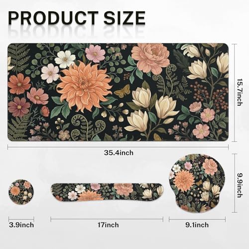 Arttown Keyboard Mouse Pad Set, 4 in 1 Desk Mat Set Floral Spring - Image 2