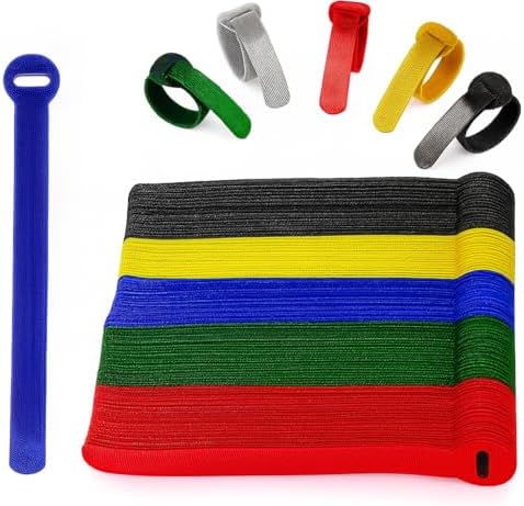 100 x Colourful Reusable Cable Ties, Cable Straps, Adjustable Cable Ties, Strong Hook and Loop Cable Straps with Buckle for TV Cables, PC Cables and Desk Organisation by ARMIZ