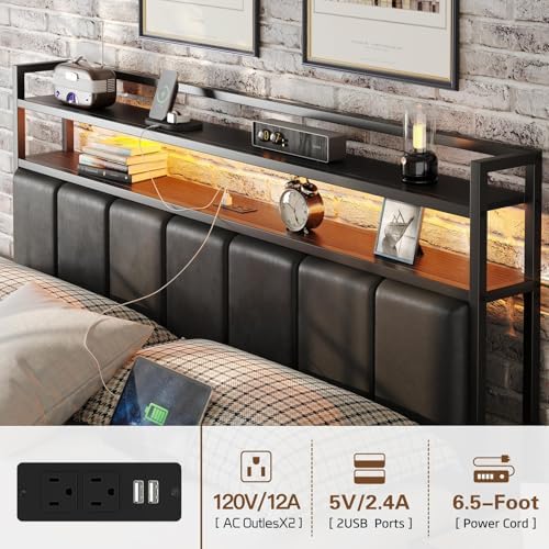 Full Size Bed Frame with Upholstered Headboard and 2-Tier Storage Shelves - Image 5
