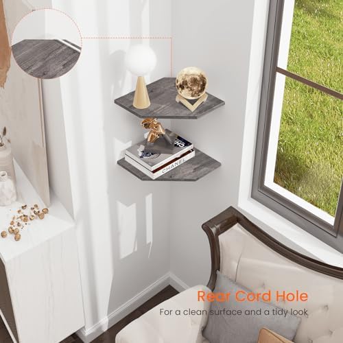 Homode Corner Shelf Wall Mount, Set of 2 Corner Floating Shelves with Cord Hole for TV, Cable Box, Wood Hanging Storage Shelf Organizer for Bathroom Kitchen Living Room Bedroom, Rustic Grey - Image 5