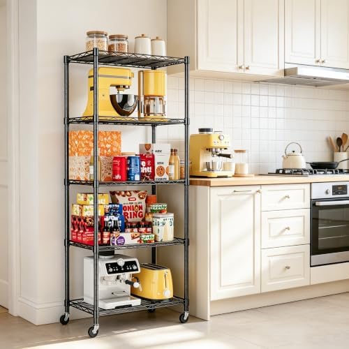 REGILLER 5-Wire Shelving Metal Storage Rack Adjustable Shelves,Standing Storage Shelf Units for Laundry Bathroom Kitchen Pantry Closet(Black,11.8" D x 21.2" W x 55" H,With Wheels) - Image 2