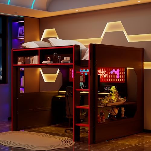 Merax Full Size Gaming Loft Bed with Integrated Desk and Lights, Black+Red - Image 4