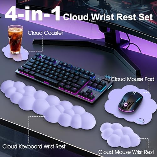 Cloud Wrist Rest Keyboard Cushion and Cloud Mouse Pad, Purple | 4-in-1 Ergonomic Cloud Keyboard Wrist Rest Set, Memory Foam, Arm Support for Palm, Cute Desk Accessory for PC Gaming Setup - Image 2