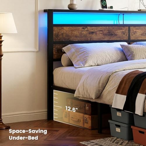 Full Size Metal Bed Frame with Storage Headboard, LED Lights - Image 5